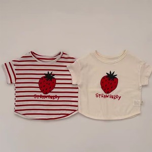 【BABY&KID】夏新作レトロボーダー柄OR純色イチゴTシャツ