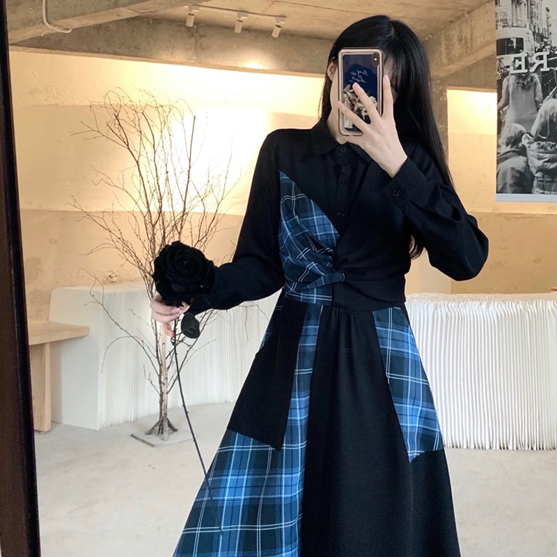 Pangsaoシリーズ ワンピース フェイクレイヤード チェック柄 ブラック ブルー 黒 青 配色 大きいサイズ Elegant