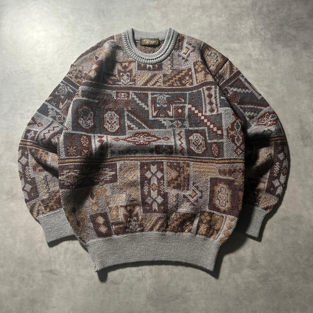 ヴィンテージ グレー 総柄 幾何学 模様 レトロ アートパターン ニットセーター