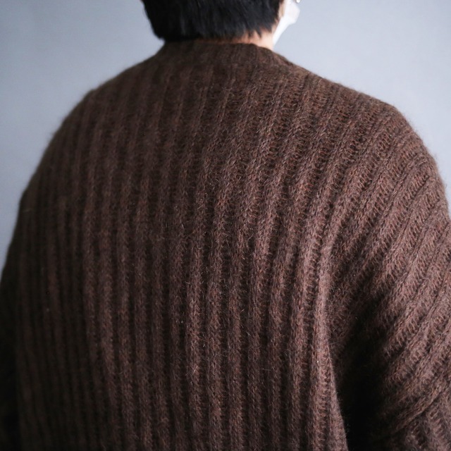 leather switching design over size knit cardigan