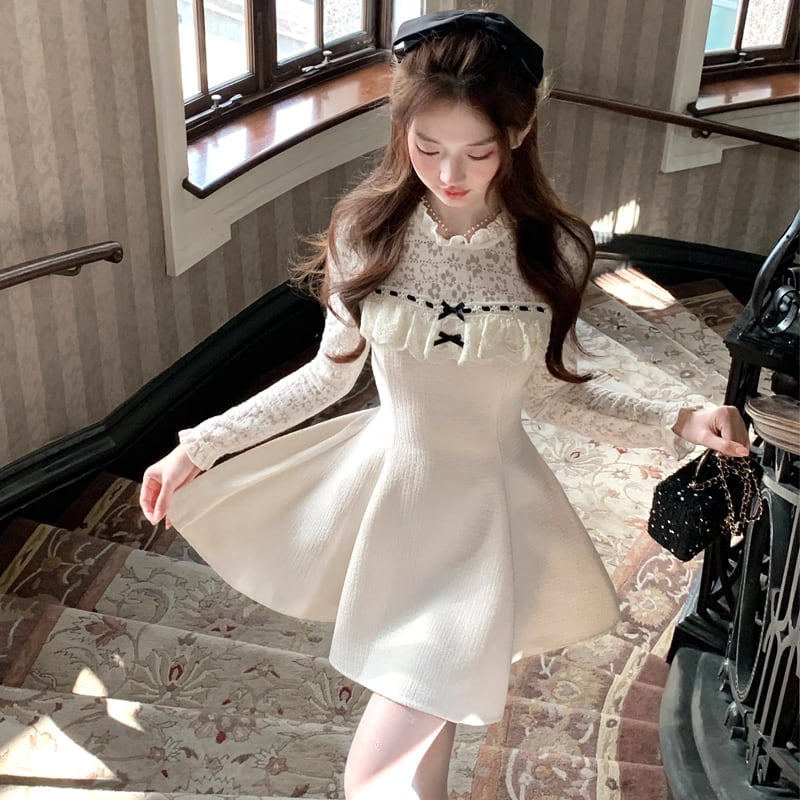 【dress】レースドッキングフレアワンピース Q7645