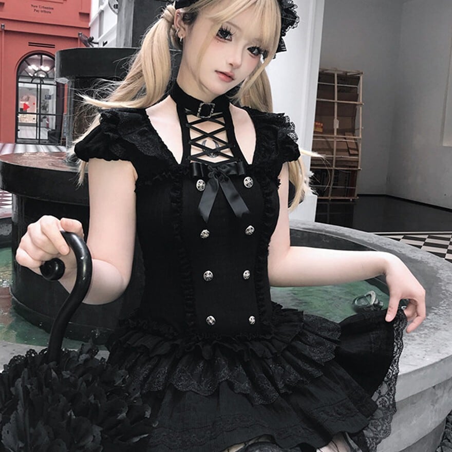 ゴスロリ ドール風ワンピース 十字編み上げ レースフリル ダーク