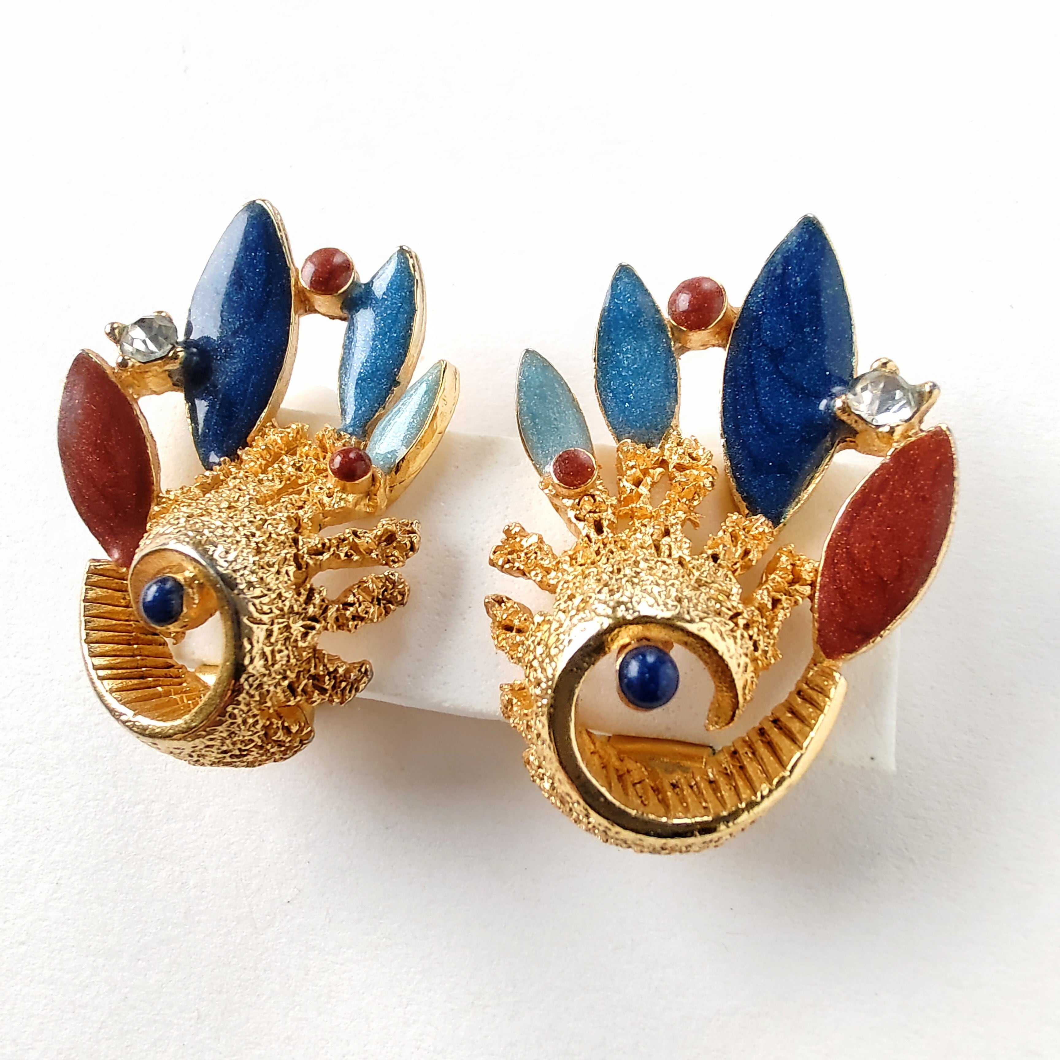 Orena Paris》 gold swirl blue brown enamel southwest design vintage earrings オレナ  パリ ヴィンテージイヤリング delightful kicky uni vintageshop