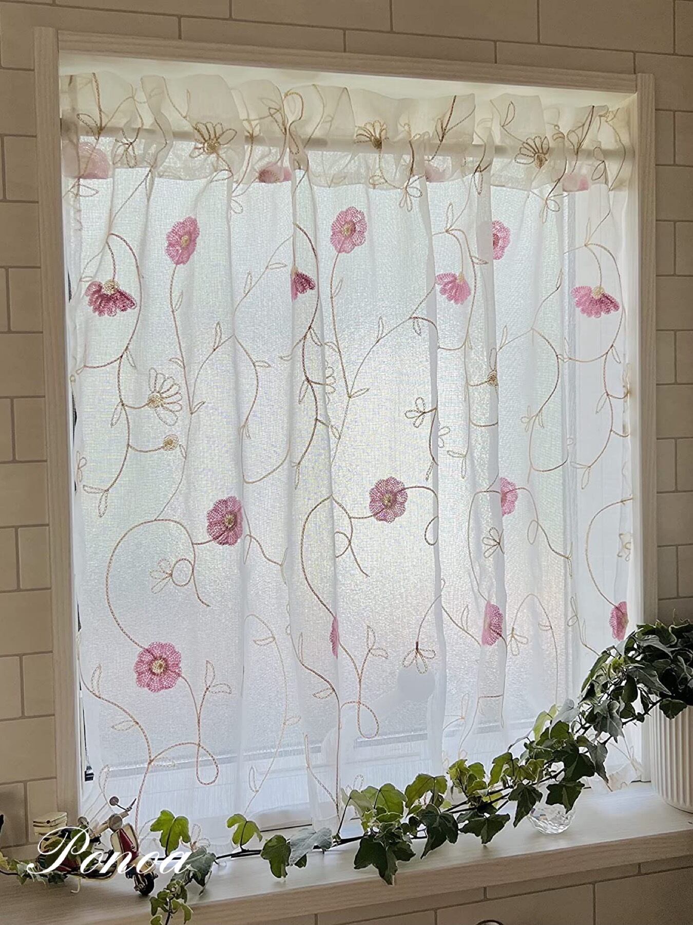 高級 刺繍 花柄 カフェカーテン ピンク ブルー 横幅100cm 丈70cm Camun Store