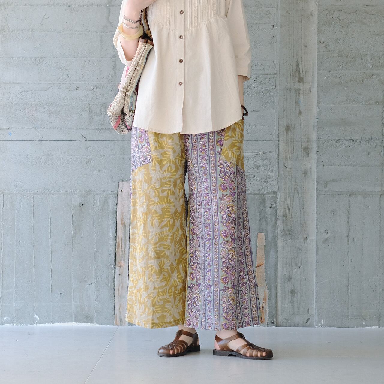 【2026年新色】夏に涼しいワイドフレア◎左右で柄が違うクレイジーパターンパンツ(22s-22)ロング丈 ライトグリーン