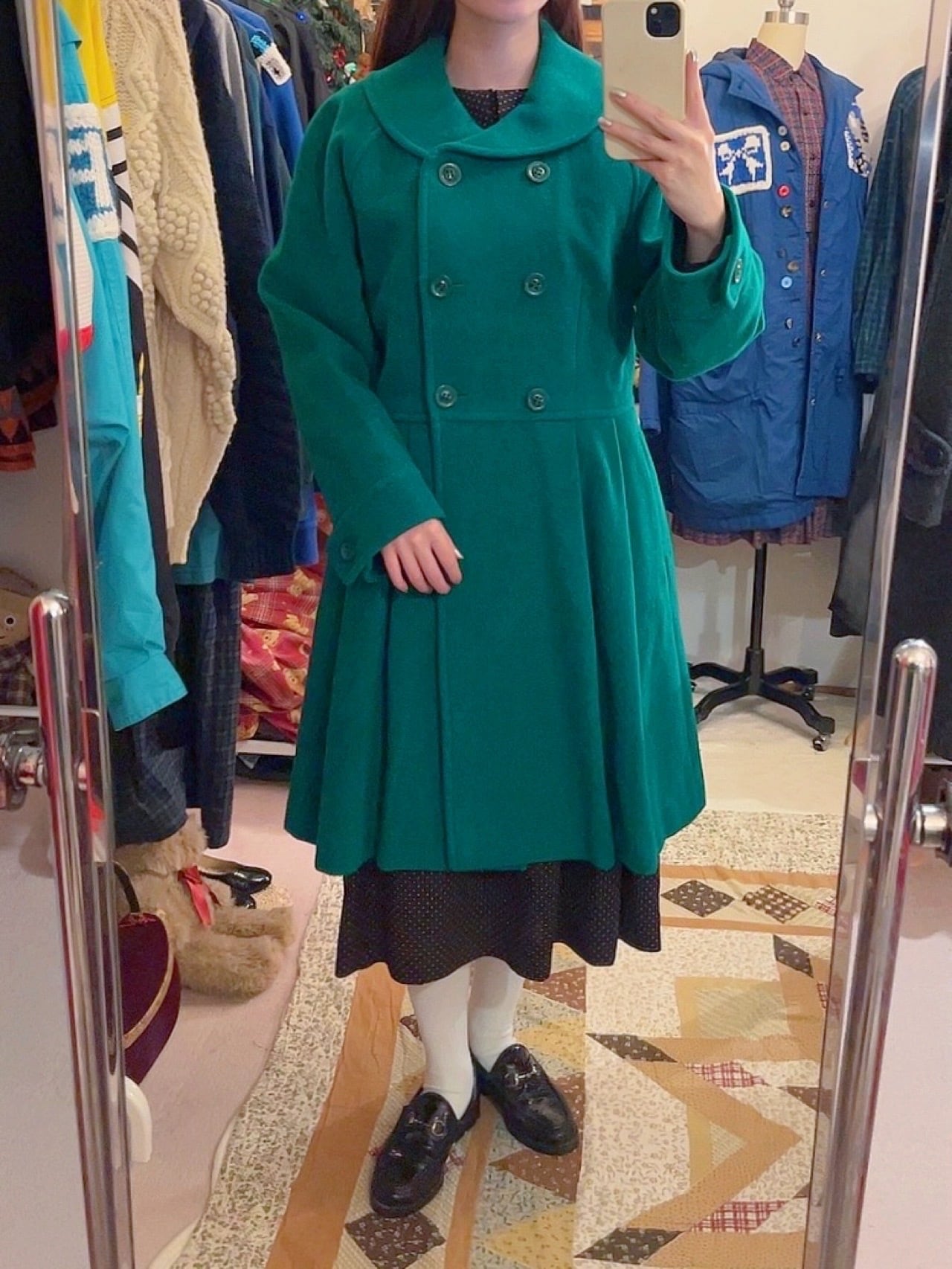 green double button flare coat