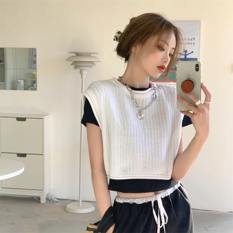 ノースリーブセーター Tシャツ サマー薄手ショートスリムホワイトトップス 夏物 ブラックストロベリース9755746247