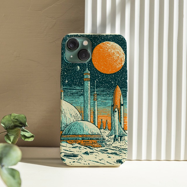 受注生産 iPhoneケース 月面都市とオレンジ惑星の宇宙柄｜レトロ宇宙 RFSP020C