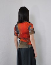 kotohayokozawa - Sheer Graphic Top ：Orange Wave｜工場風景グラフィック／軽やかなシアー