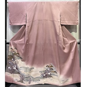 正絹・色留袖・一つ紋・薄紫地・梅・花・建物・自然・着物・No.200701-0714・梱包サイズ60