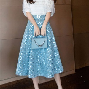 【送料無料】 ロングスカート  ひざ丈・ロングスカート  きらきら  スパンコール　Aライン・フレア  エレガント系  ハイウェスト  大人可愛い エレガント  レディースファッション  可愛い  韓国  30代・40代  デニム  春  お出かけ・お呼ばれ