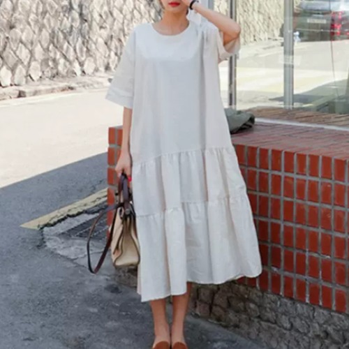 半袖ワンピース レディース ワンピース ロングワンピース ラウンドネック ロング丈 リネンワンピース シンプル 無地 Aライン ティアードワンピース フェミニン ゆったり カジュアル お出かけ 女性