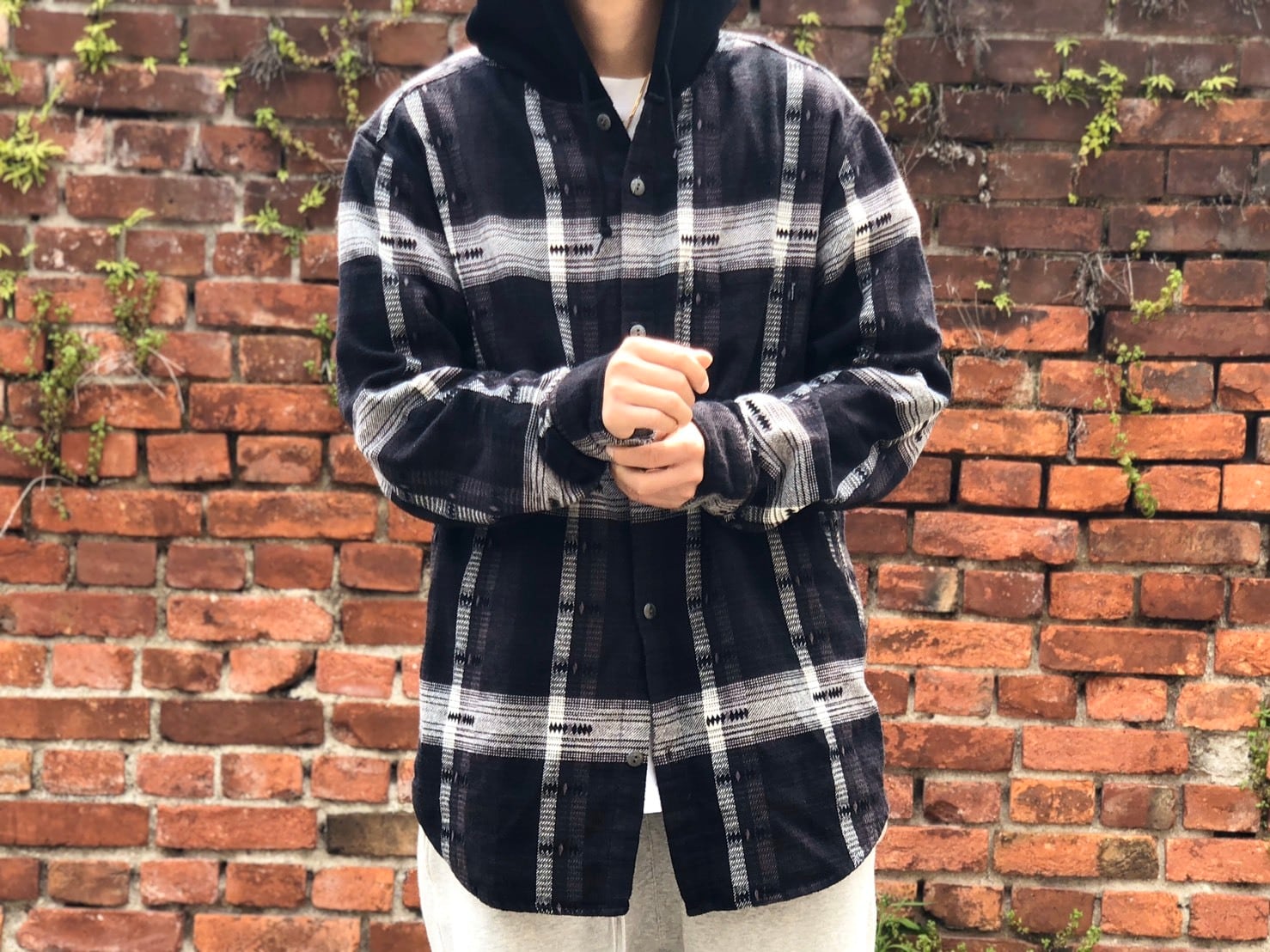 Supreme 18AW HOODED JACQUARD FLANNEL SHIRT BLACK LARGE 60JD5884