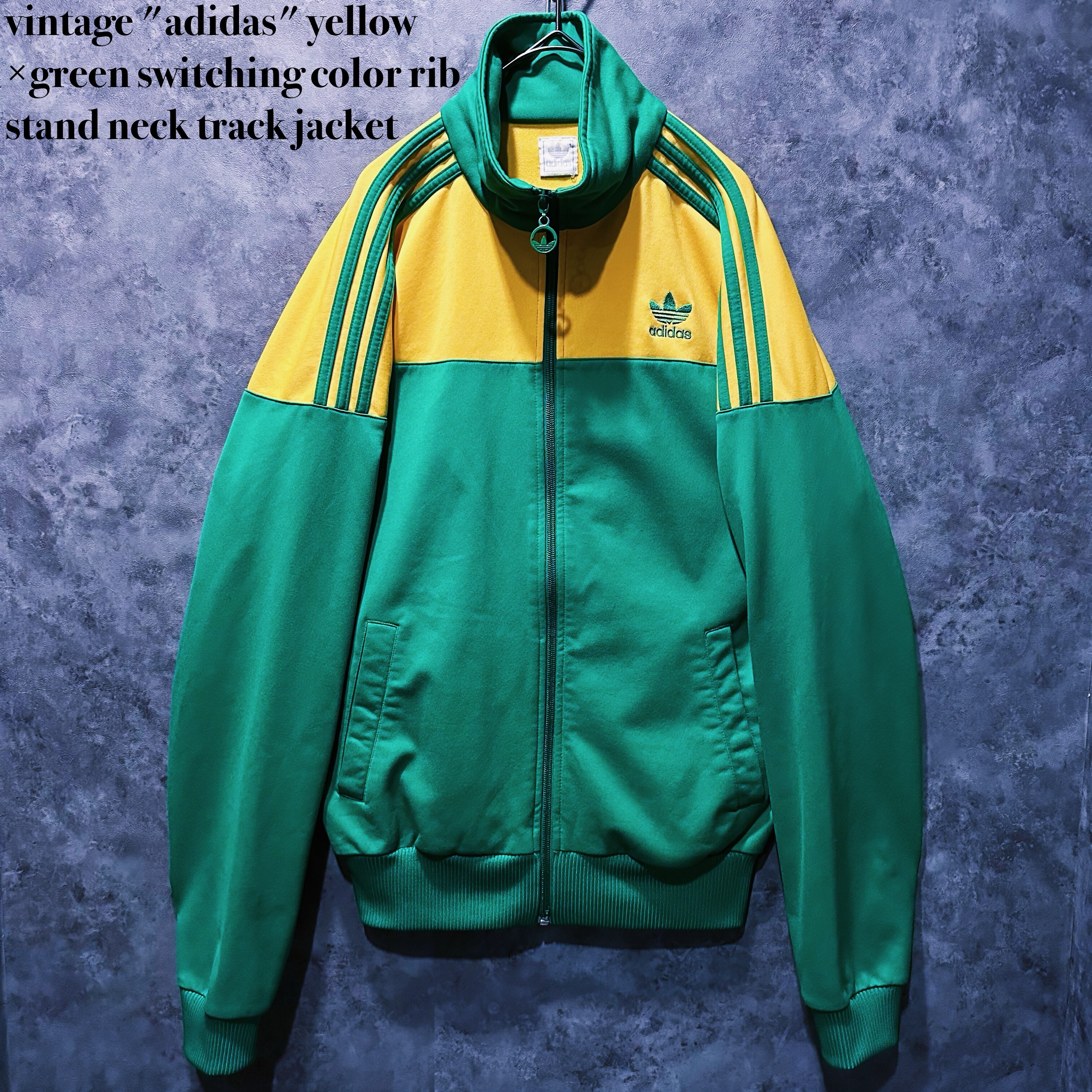 【doppio】vintage "adidas" yellow×green switching color rib stand neck track jacket