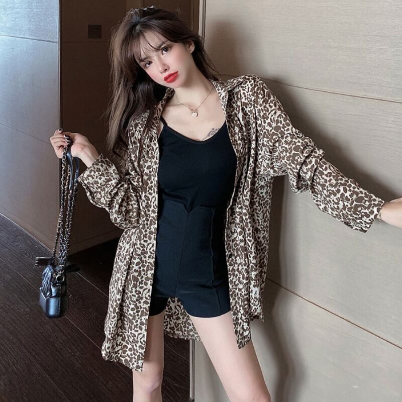 スタイルスタンダードレオパードプリント柄シフォンシャツ サマールーズカーディガンジャケット レディース レトロ 夏物 ハンチェンe93634489991