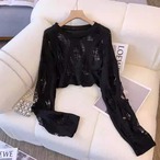 Ripped openwork long sleeve T-shirt(ME353)