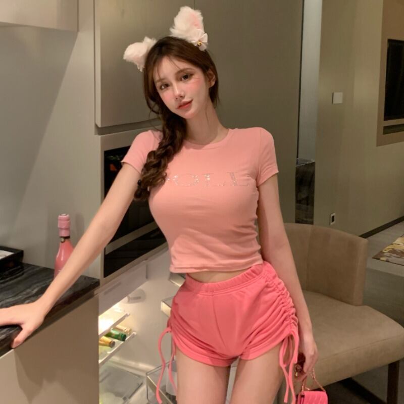 サマースリムショートTシャツ ギャザーストレッチショーツ エラスティック 伸縮 夏物 ブルマー ピュア ハンチェンe55358237825
