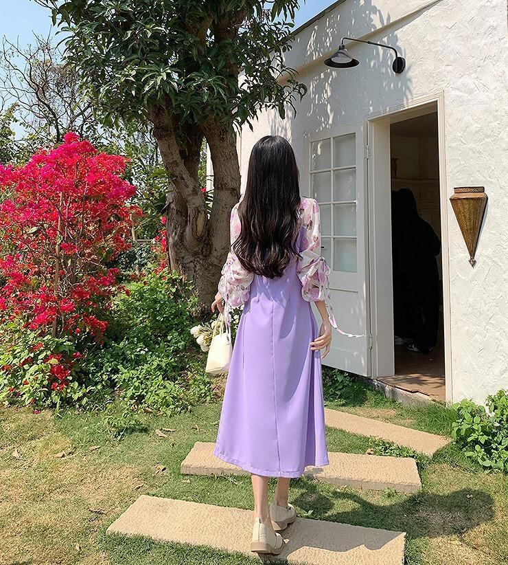 大きいサイズ レディース ワンピース パープル 花柄 春夏 秋 新品 長袖