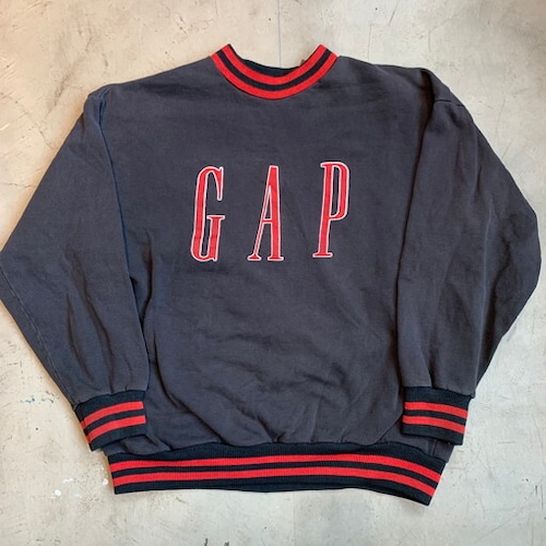 80's 90's OLD GAP リブラインロゴスウェット ブラック レッド 2トーン レーヨン USA製 XL ブート? 希少 ヴィンテージ BA-1151 RM1152H