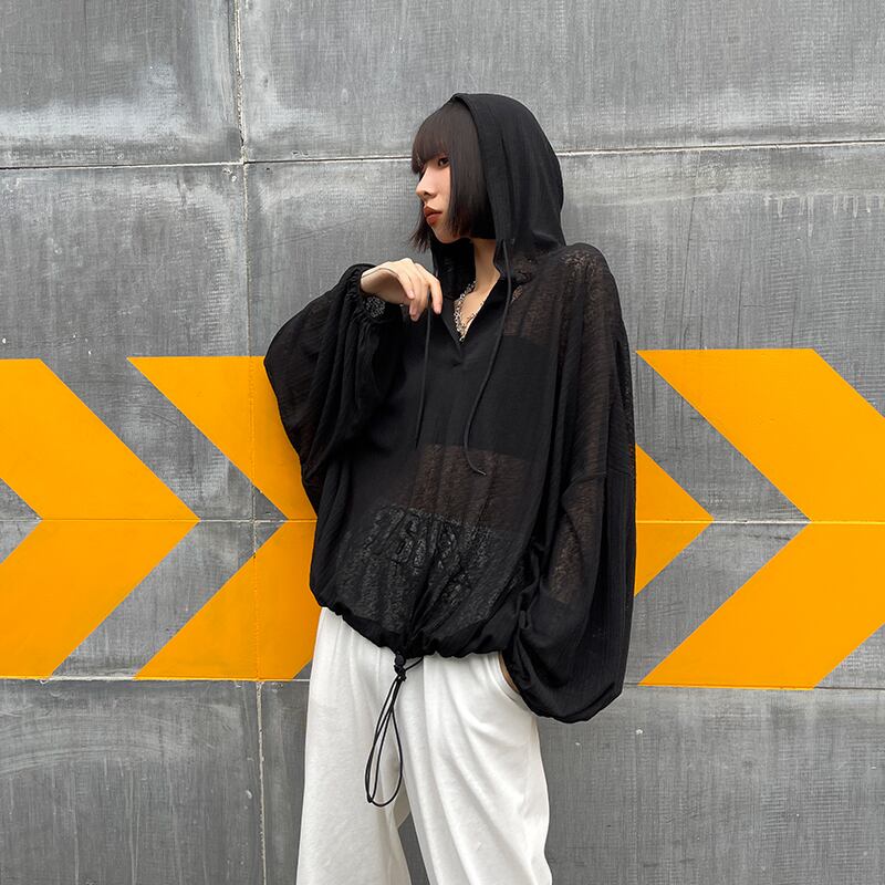 Tシャツ ルーズ薄手フードブラウス サマートップス ロング 夏物 ラブタオタオダレンハウス20616025738