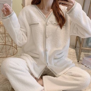 Ｖネックフロントボタン フリースロング丈 セットアップ＊L-372