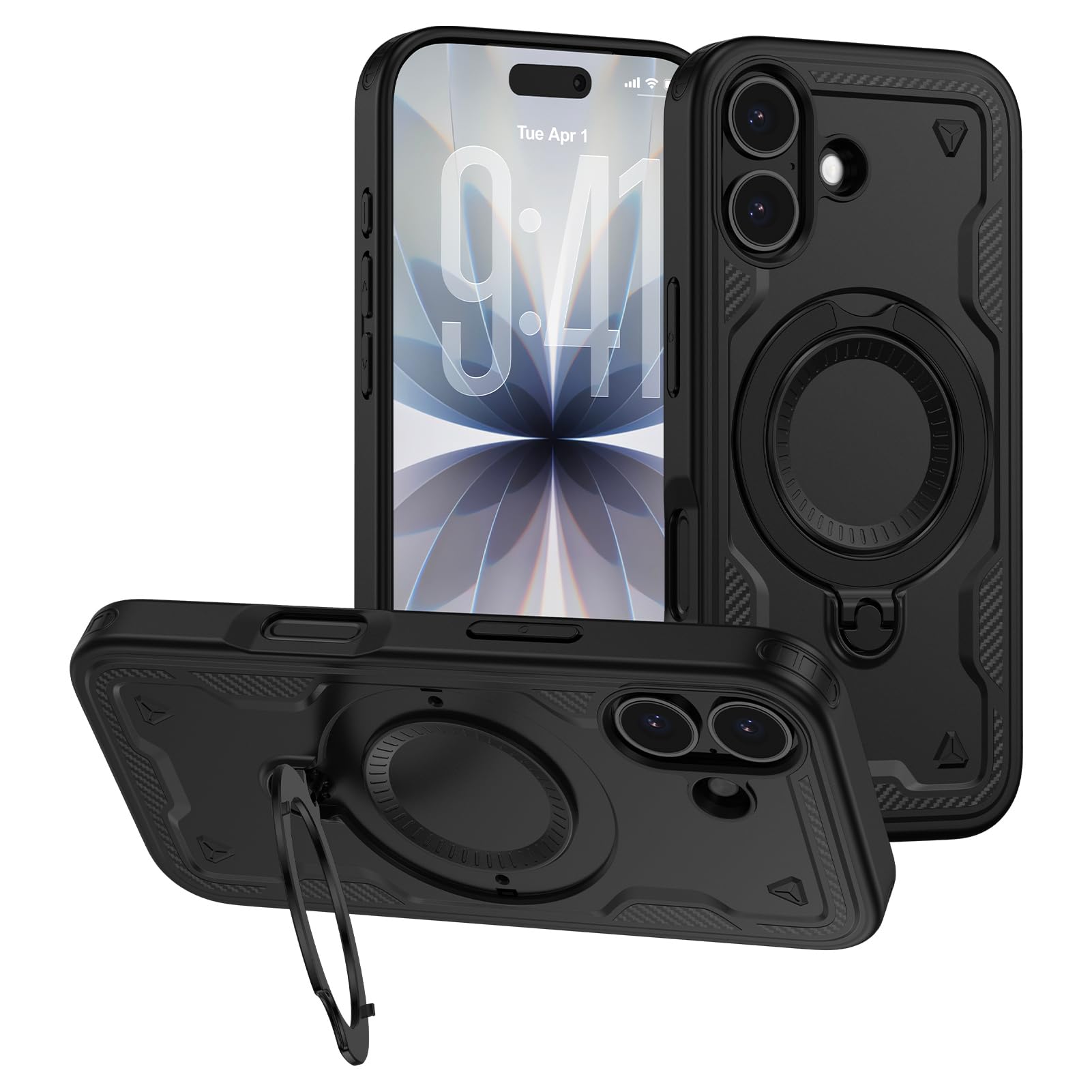 Viviber iPhone17用ケース 全面保護 耐衝撃 絶対割れないマグネット搭載【MagSafe対応/360度回転スタンド】ワイアレス充電対応リングつきカバー 指紋防止