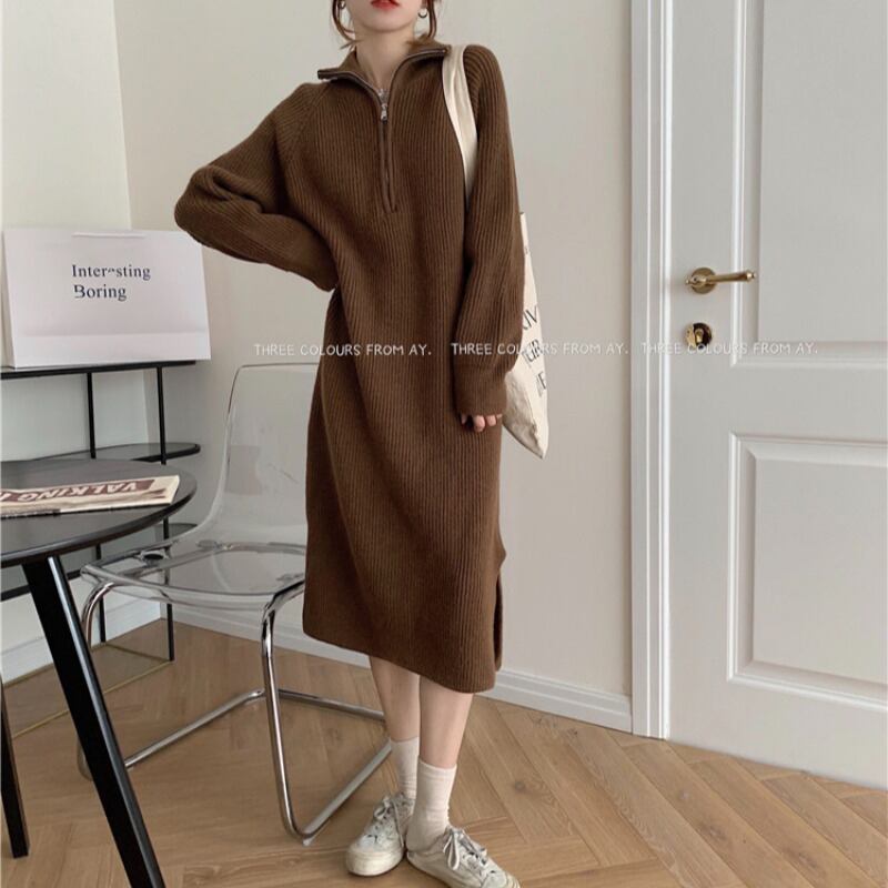 セーター オータムウィンタースタンダードルーズジッパーコート ジャケット レトロ 秋物 冬物 ブラックストロベリース77276357746