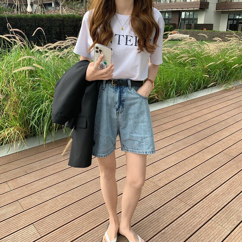 ハイウェストジーンズ ルーズ薄手パンツ スタンダードショーツ レディース レトロ ブルマー ビッグFスモールZ韓国49734216471