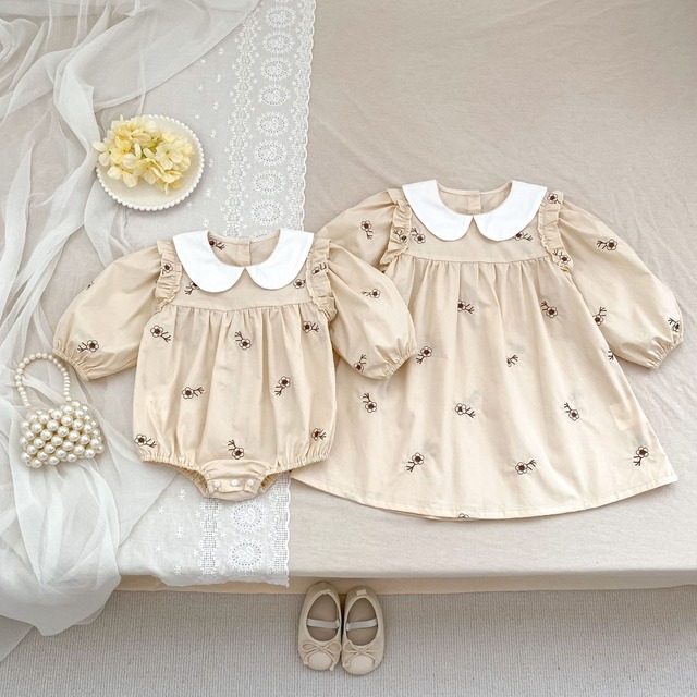 【姉妹服】秋新作　フラワー柄ロンパース、ワンピース