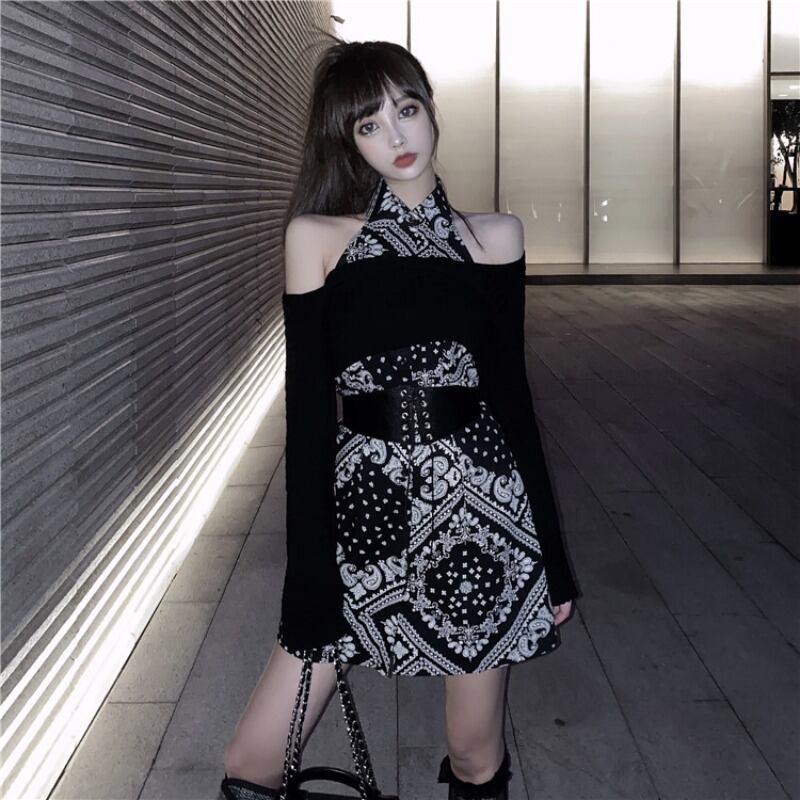 ガードルブラックホルターフローラルドレス女性秋タイトフィットヒップスカート2020新しいベーススカート ブラックストロベリース91574874993