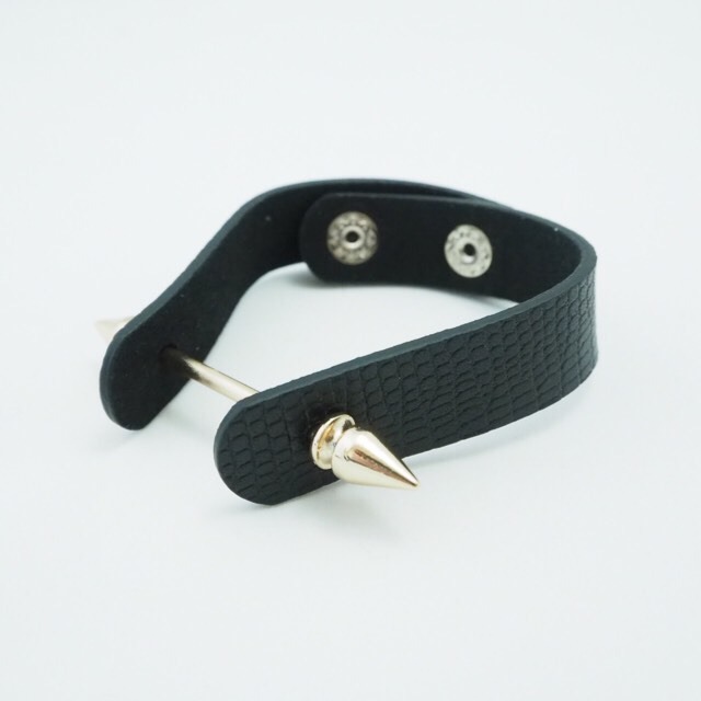 BK spikebar&real leather bracelet