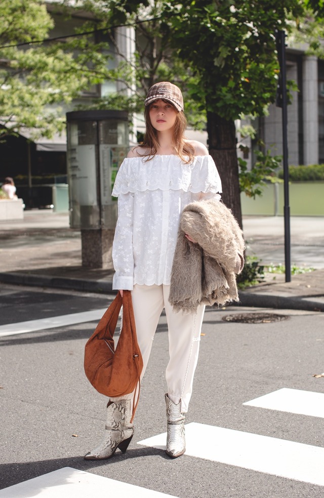 （original）オフショルダーブラウス （レース/ストライプ)