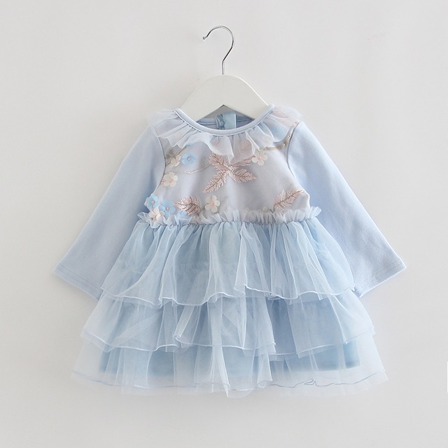 お花モチーフの長袖ティアードワンピ（ブルー）