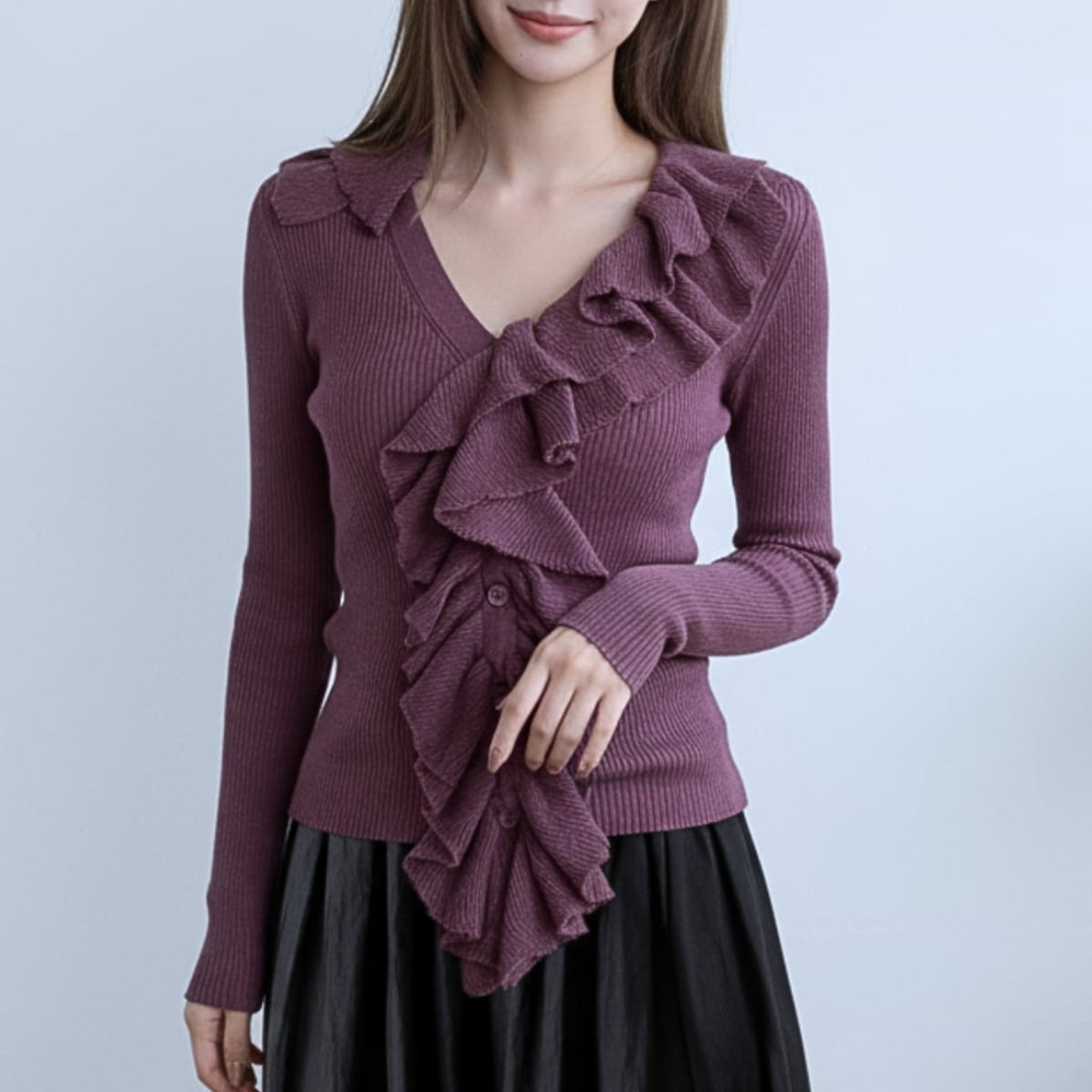 Ruffle V-Neck Rib-Knit ch0161