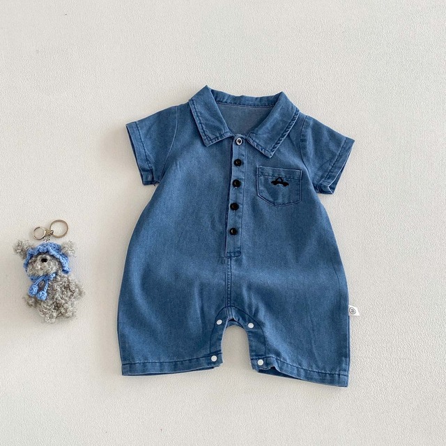【BABY】くるま刺繍入りデニム襟付き半袖ロンパース - 9