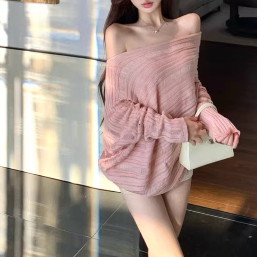 3色／シアーボーダーオフショルニットトップス ・76023