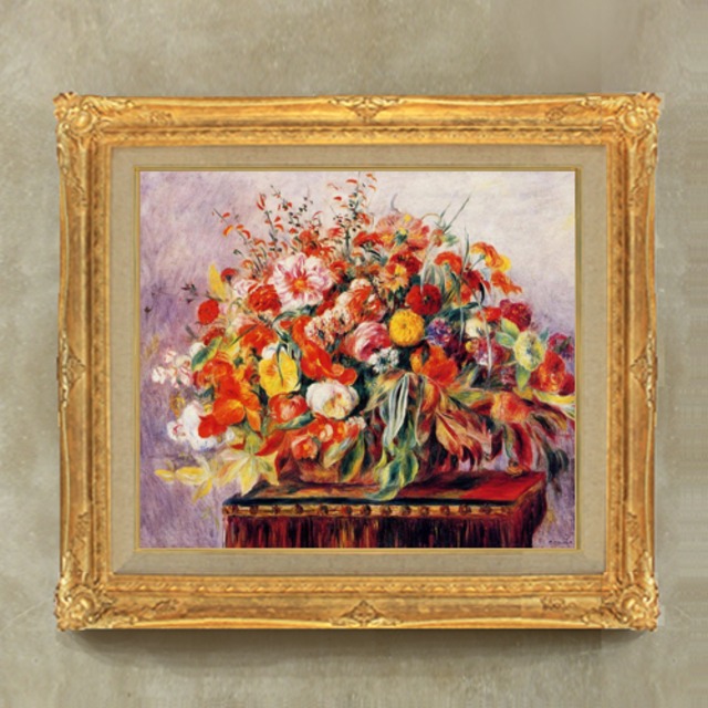 直筆仕上げ油絵【ルノワール】バスケットの花々  F10　絵画 アート インテリア 静物画