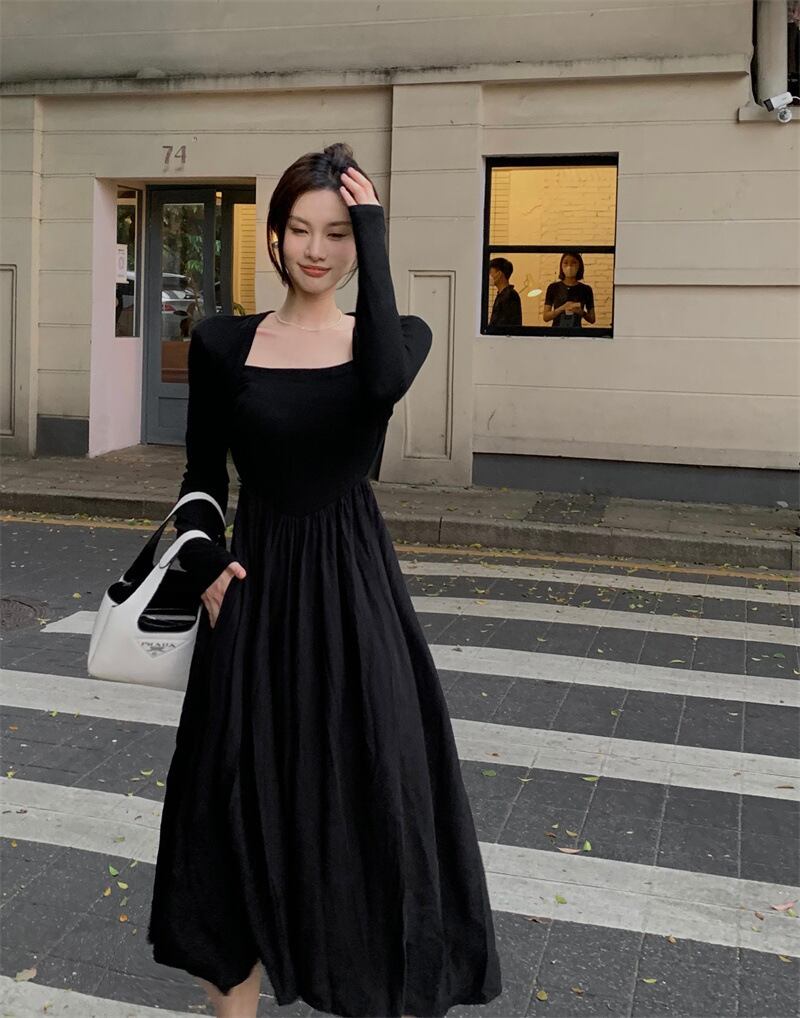 【新作】【送料無料】 黒長袖ワンピース、ウエスト痩せ、秋冬インナー重ね着ロングスカート、初秋新作婦人服 029206625577