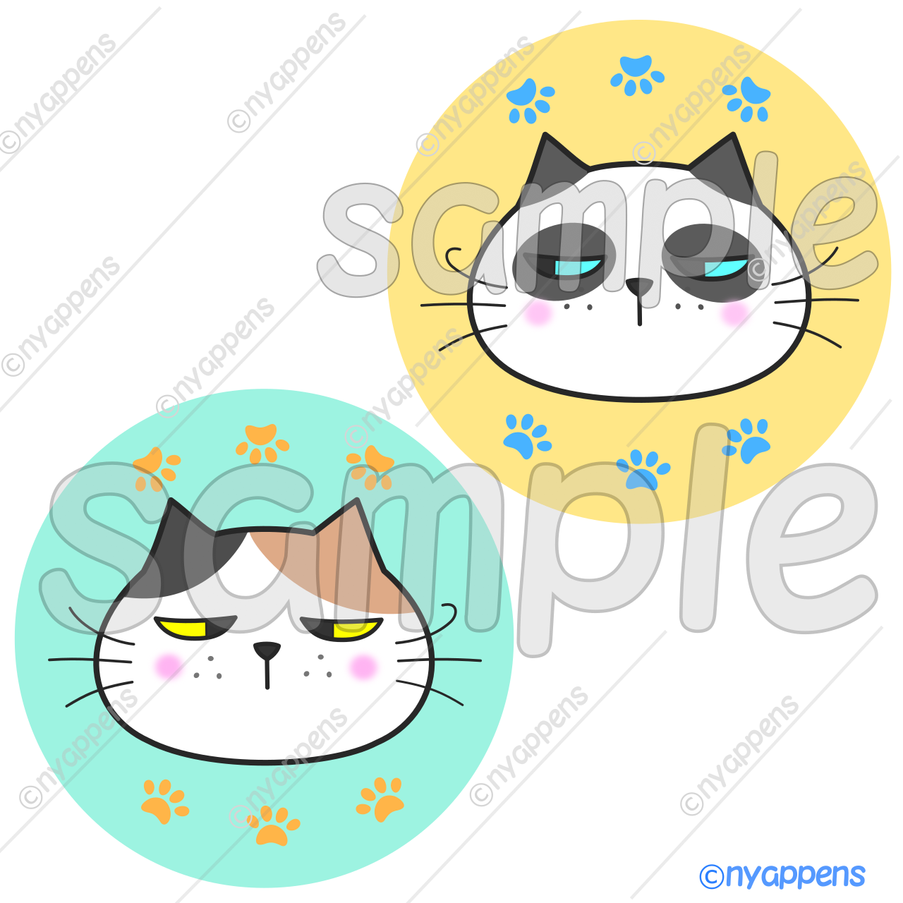 【商用利用OK】猫イラスト(ヒゲまる/全20種類セット)シールやアイコン、素材に!