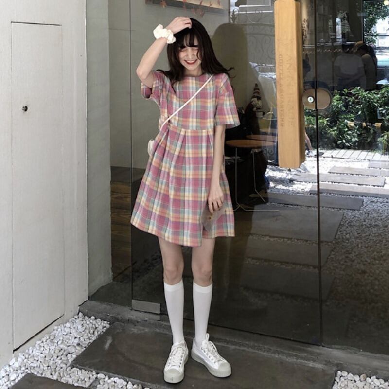 2020年春夏ピンクチェック柄ドレスの新バージョンフレンチスカートニッチデザインAラインスカート学生 1号婦人98537326460