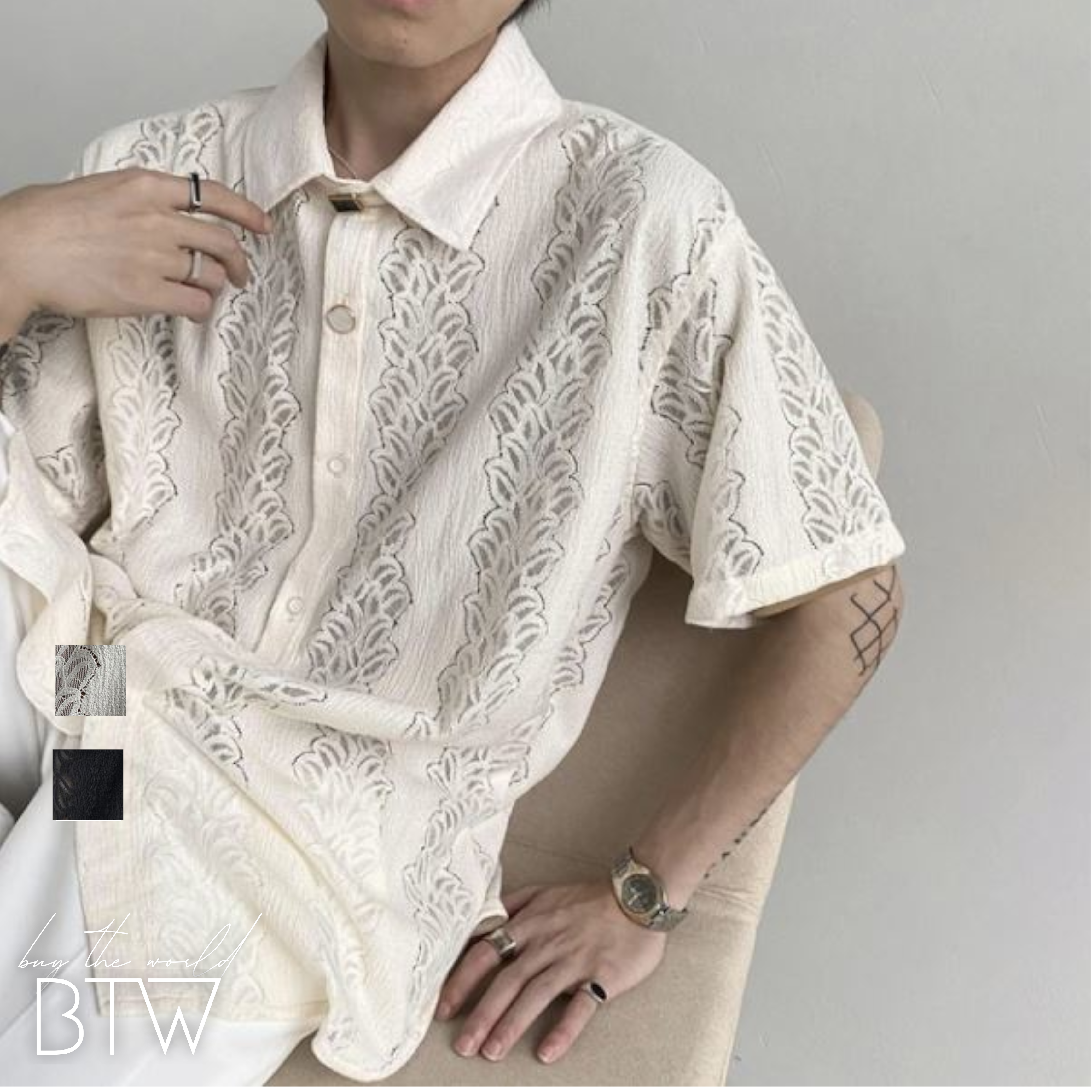 韓国メンズファッション Bw957 メンズ 半袖 レースシャツ 無地 スクエアカラー ゆったり エレガント 韓国メンズ服 流行プチプラ韓国 メンズファッション新作通販 Buy The World