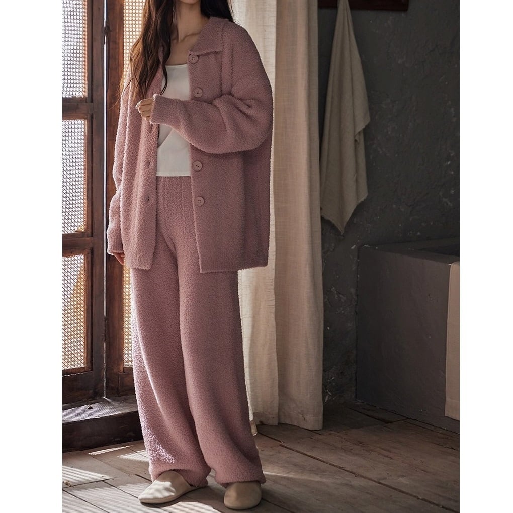 訳ありsale【M-XL】lapel collar fleece cardigan style simple pajamas p1575