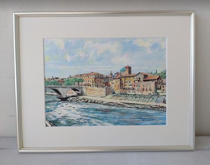 川勝茂弘「 ローマ・テレべ川」（イタリア） 水彩画 額縁外寸53.0x41