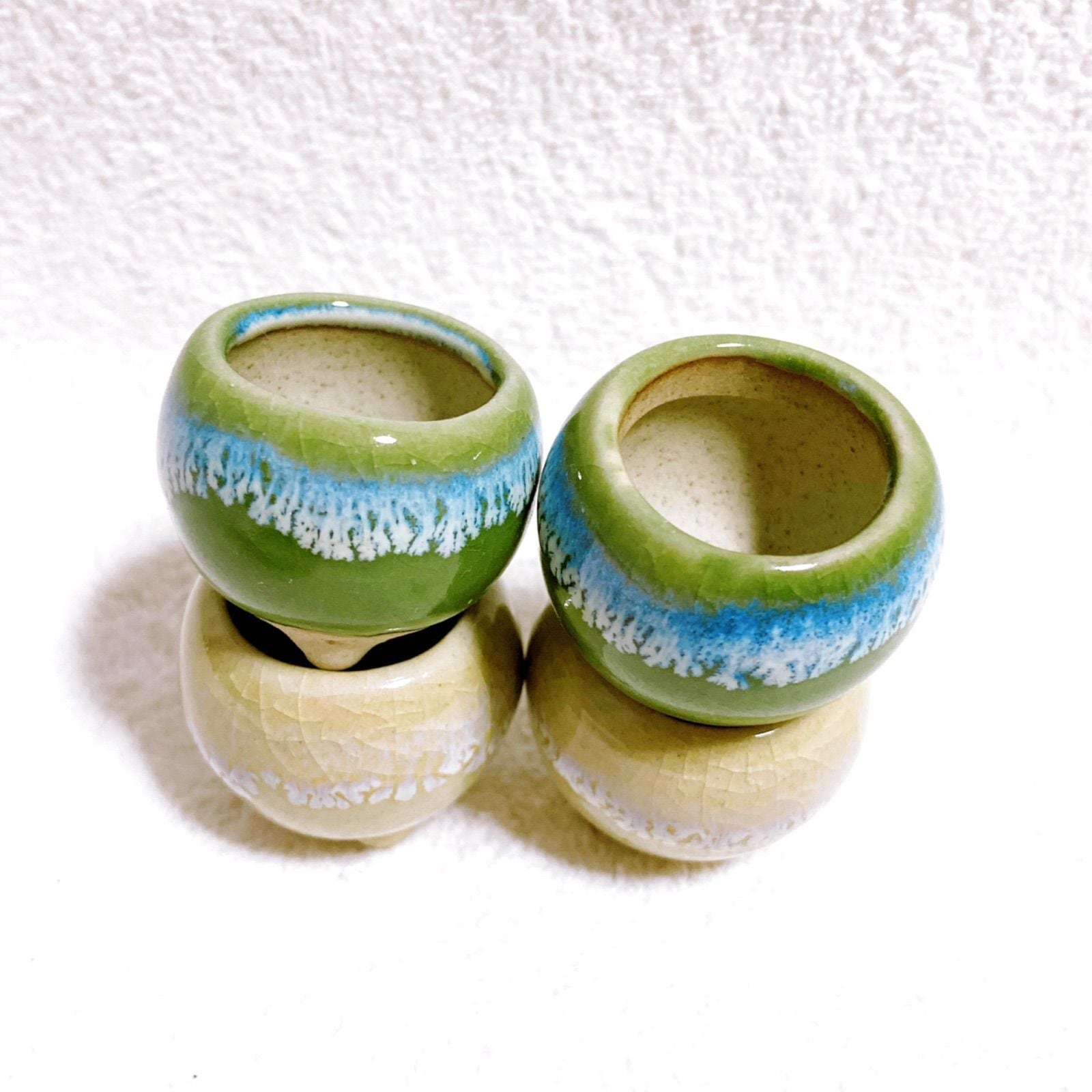 緑とベージュ色のグラデーションが美しい陶器製植木鉢 4点セット】 豆