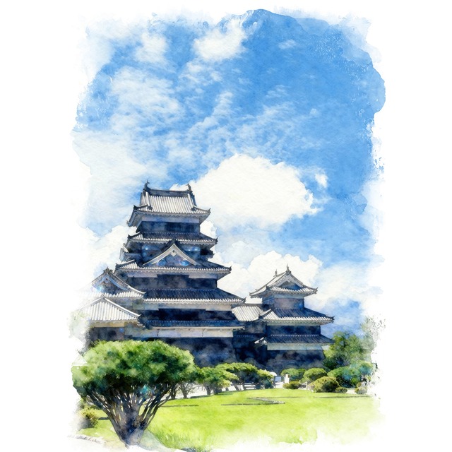 絵画 風景画 日本の城 長野県松本城 インテリアアート額付き 水彩画・油絵風 WAT0983