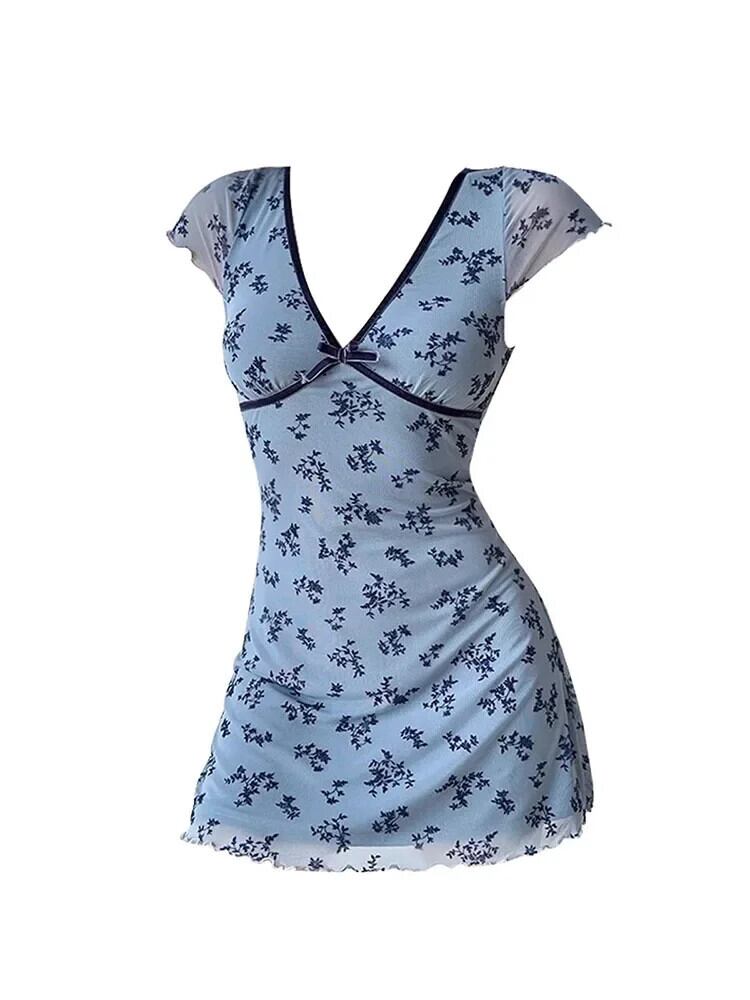 花柄プリントのVネックドレス 花柄ドレス ブルー ワンピース フロック プリント ボヘミアン