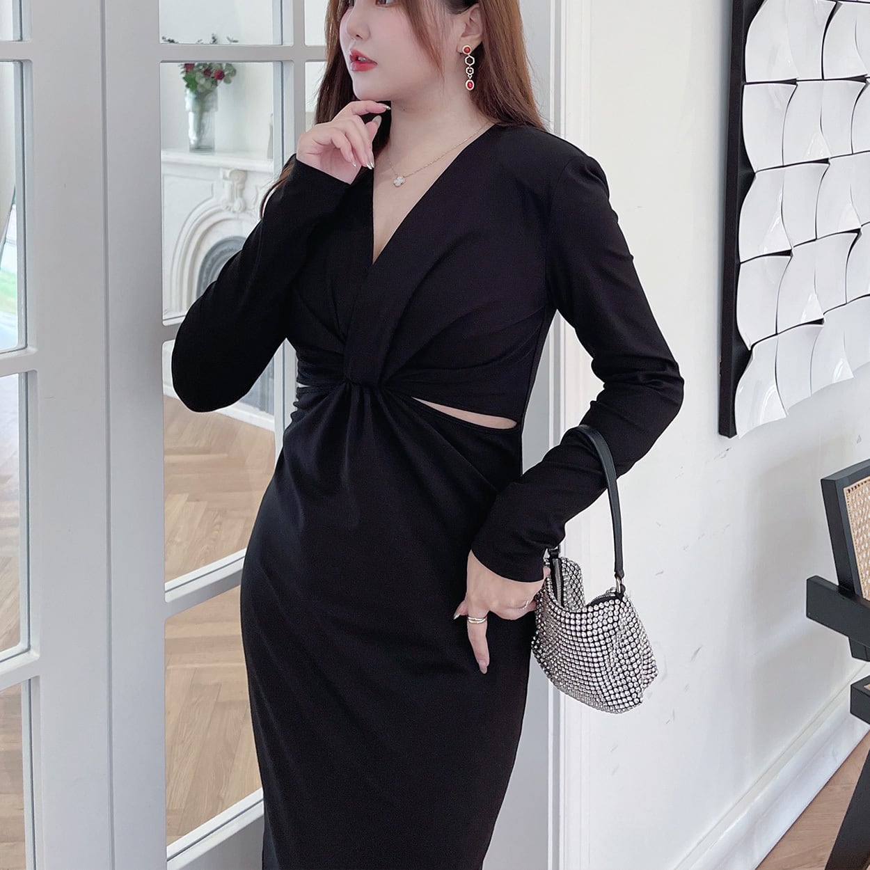 アウトレット 美品 【LL ~5L】 Vネック タイトワンピース パーティー