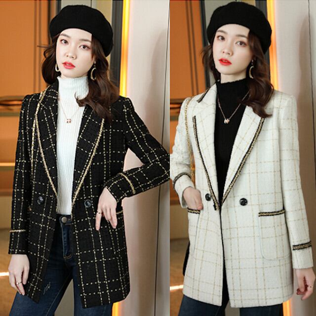 ジャケット ツイード レディース ロング丈 上品 おしゃれ 大人かわいい お出かけ お呼ばれ チェック柄 ゴールド ブラック/ホワイト サイズ展開豊富 S/M/L/XL/2XL/3XL/4XL
