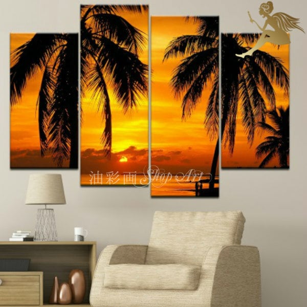 油彩画 海辺の夕景 ヤシの木 アートパネル 4パネル 『夕日とヤシの木ビーチ』 油彩画 インテリア モダン アート