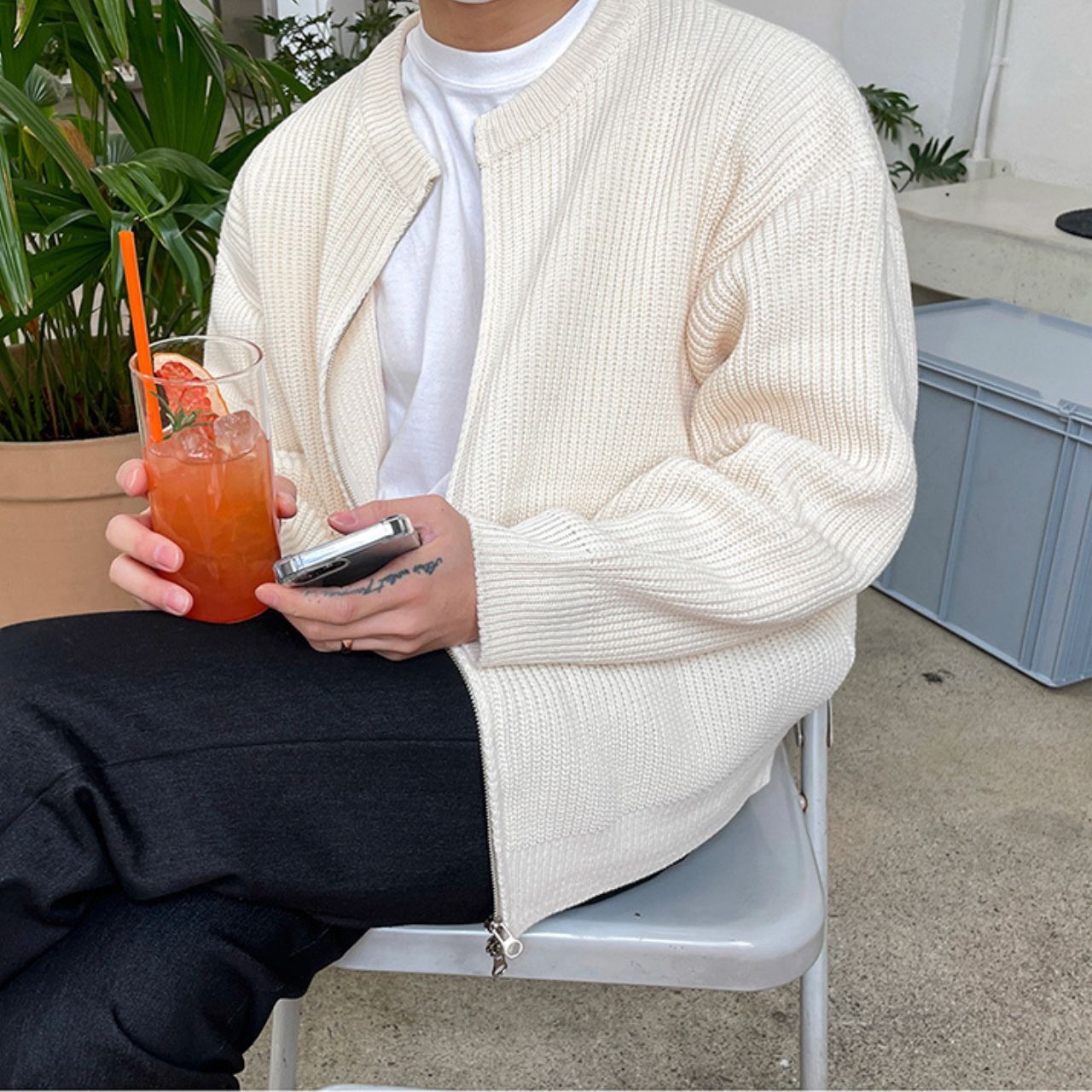 ホワイトニットジップブルゾン　MT0080314